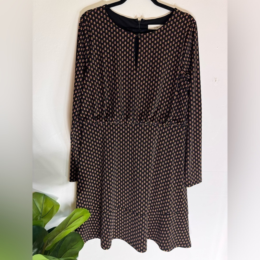 LOFT Classic Relaxed Paisley Black Long Sleeve Flare Dress Size 12 MSRP $115
